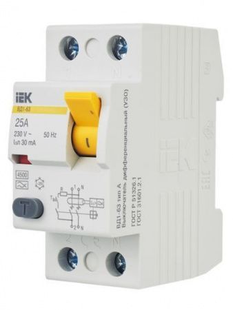 Выключатель дифференциальный (УЗО) ВД1-63 2Р 25А 30мА тип А IEK
