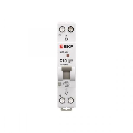 Автоматический выключатель дифференциального тока АВДТ-63М 1P+N 18мм 10А характеристика С 30мА тип AС электронный 6кА PROXIMA EKF