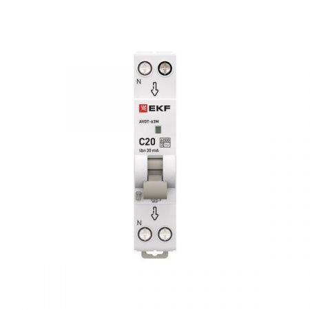 Автоматический выключатель дифференциального тока АВДТ-63М 1P+N 18мм 20А характеристика С 30мА тип AС электронный 6кА PROXIMA EKF